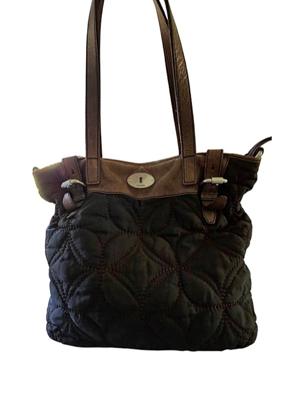 Fossil Key Per Tote Black Quilted Purse, Brown Leather Straps Large Bag